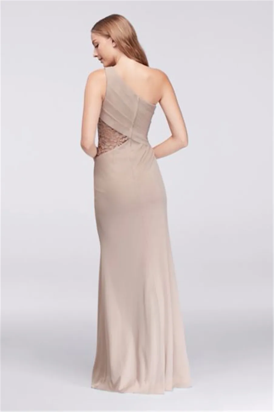 NEW! One-Shoulder Chiffon Side Slit Bridesmaid Dress with Lace Inset F19419 Wedding Evening Formal Gowns