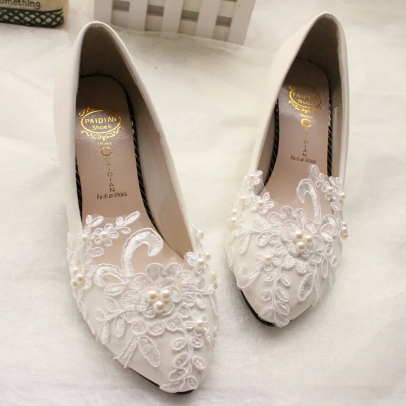 Scarpe da sposa con perle piatte economiche dolci la sposa con applicazioni di pizzo, tacchi alti, punta a punta, scarpe da sposa taglie forti269b