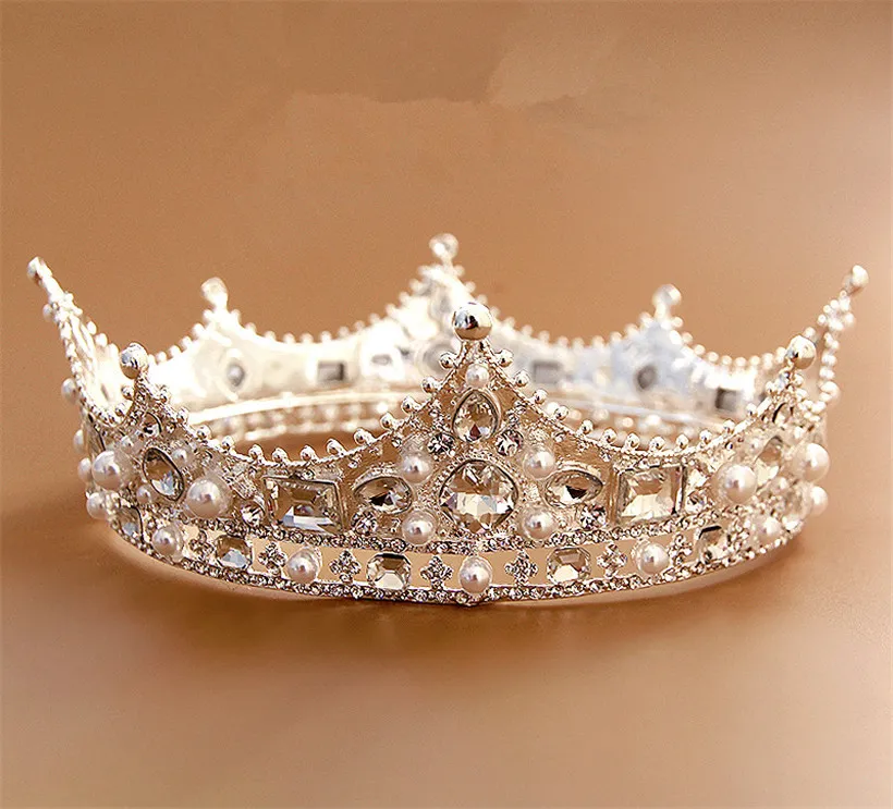 Vintage Wedding Bridal Queen Crown Tiara Crystal Righestone Band Full Round Crown Pageant Accessoires de cheveux Silver Pearl Headdr8434577