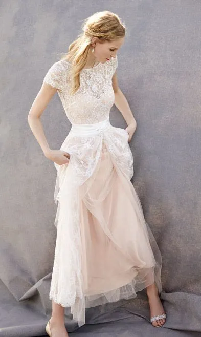 2017 Bohemian Beach Lace Abiti da sposa economici Bateau manica corta davanti Split Blush rosa Tulle Abiti da sposa su misura Cina EN11224