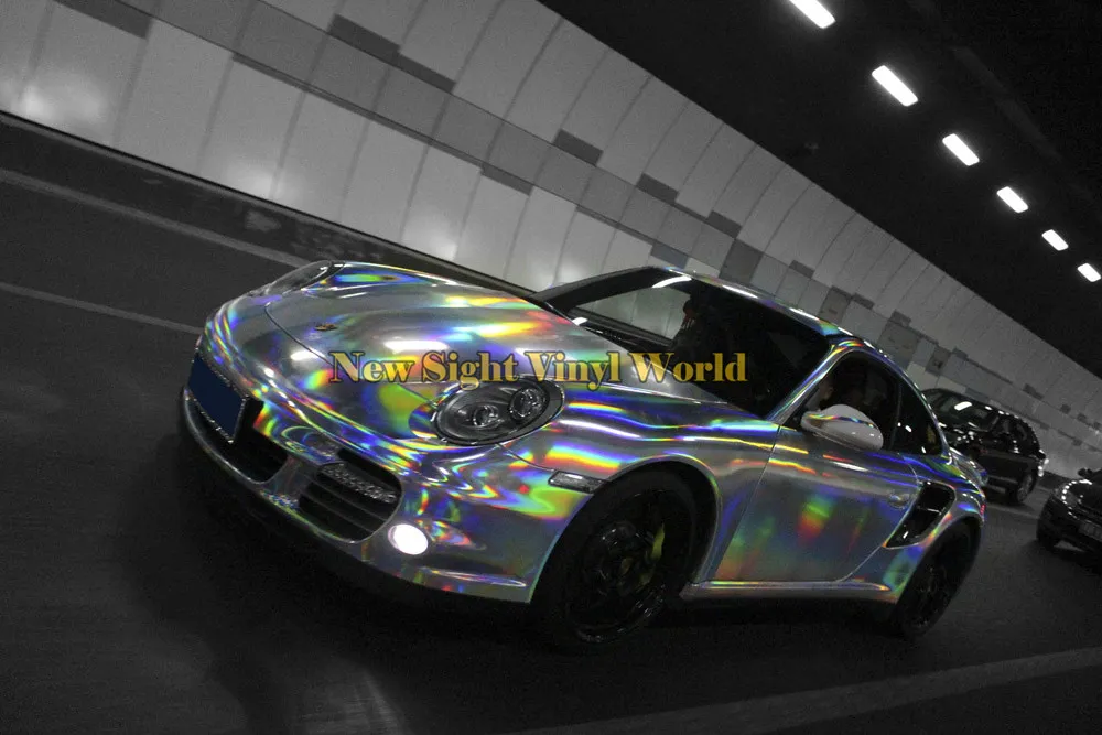 Högkvalitativ 3 -lager Rainbow Chrome Silver Holographic Vinyl Wrap Decal Bubble For Car Wrapping Film273U