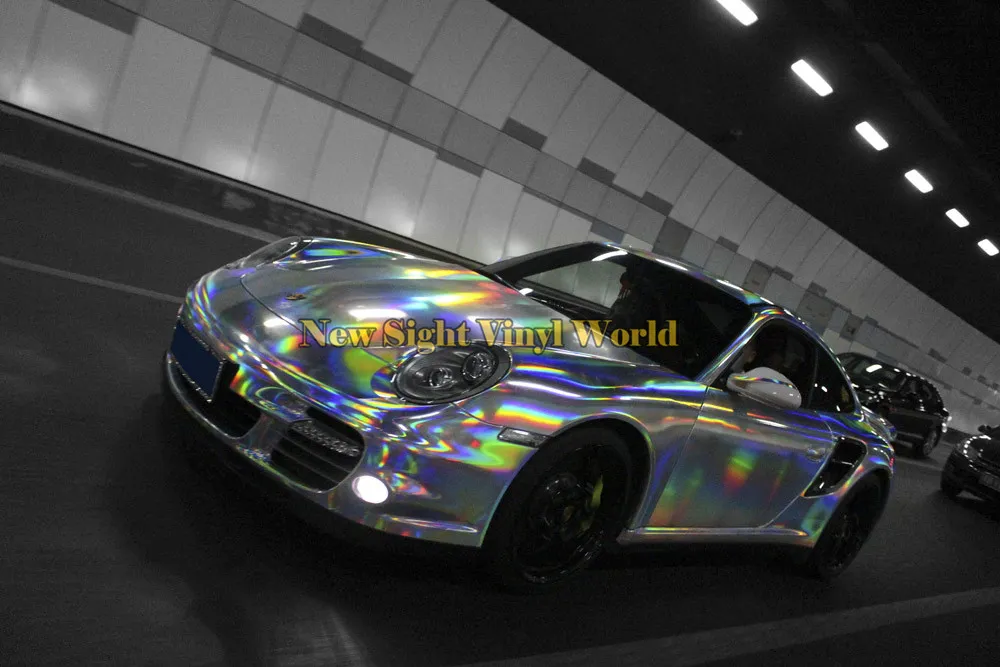 Hoge Kwaliteit 3 Lagen Regenboog Chroom Zilver Holografische Vinyl Wrap Decal Bubble Voor Car Wrapping Film273u