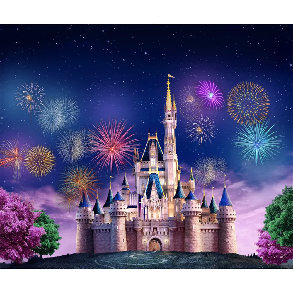 Colorful Fireworks Photography Backdrop Princess Castle Blue Sky with Glitter Stars Pink Green Trees Scenic Wallpaper Fantasy Backgrounds