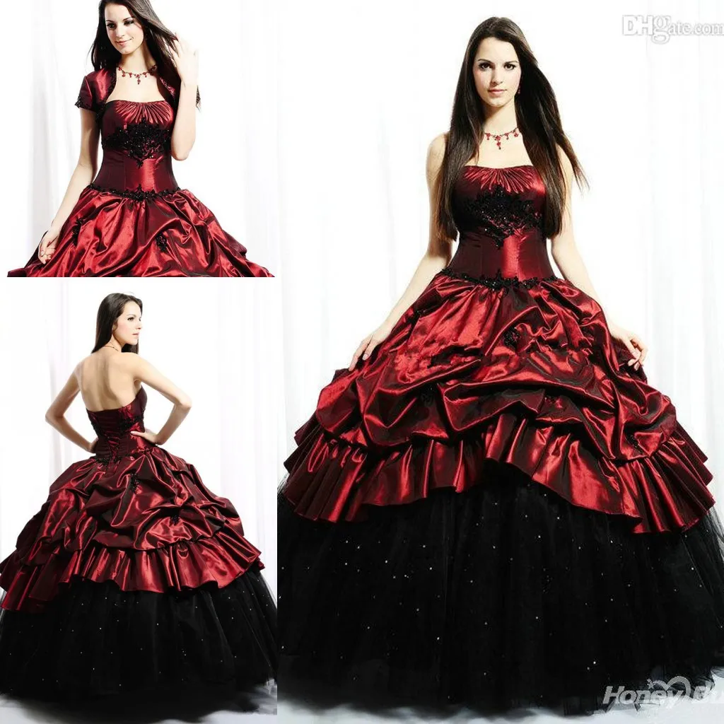 Vintage vermelho e preto gótico espartilho vestido de bola vestidos de noiva com jaqueta 2019 modesto igreja sem alças tafetá babados vestido de casamento