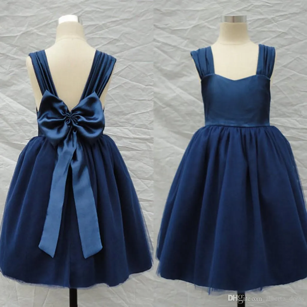 2017 Navy Blue Flower Girl Dresses A Line Straps Backless Big Bow Tea Length Kids Gown for Wedding halloween costumes gowns new design