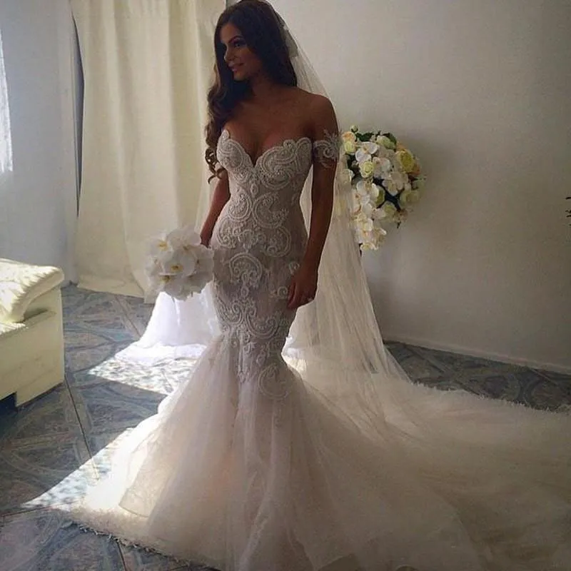 Gorgeous Arabic Lace Mermaid Wedding Dresses White Ivory Off-shoulder Sweetheart Backless Court Train Bridal Gowns Custom Reception Party Dresses