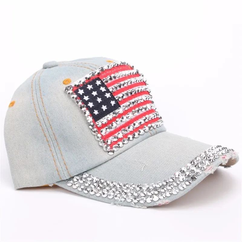 Hot Koop VS Verenigde Staten Amerikaanse Vlag Baseball Caps Verstelbare Jeans Denim Rhinestone Mannen Dames Snapback Hat Cap M002