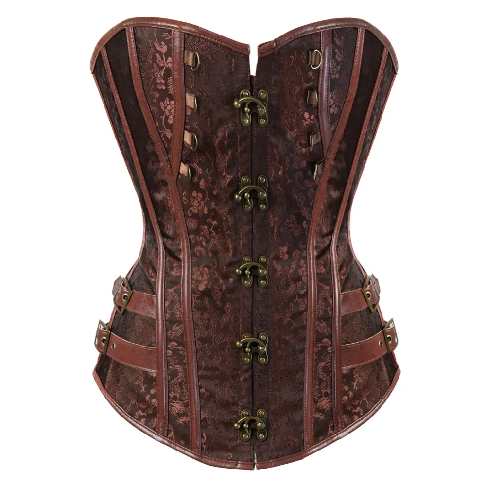 Steampunk Gotik Korse Kahverengi / Siyah Jakarlı Dantel Kemikli Overbust Büstiyer Clubwear Vücut Şekillendirici Artı boyutu S-6XL