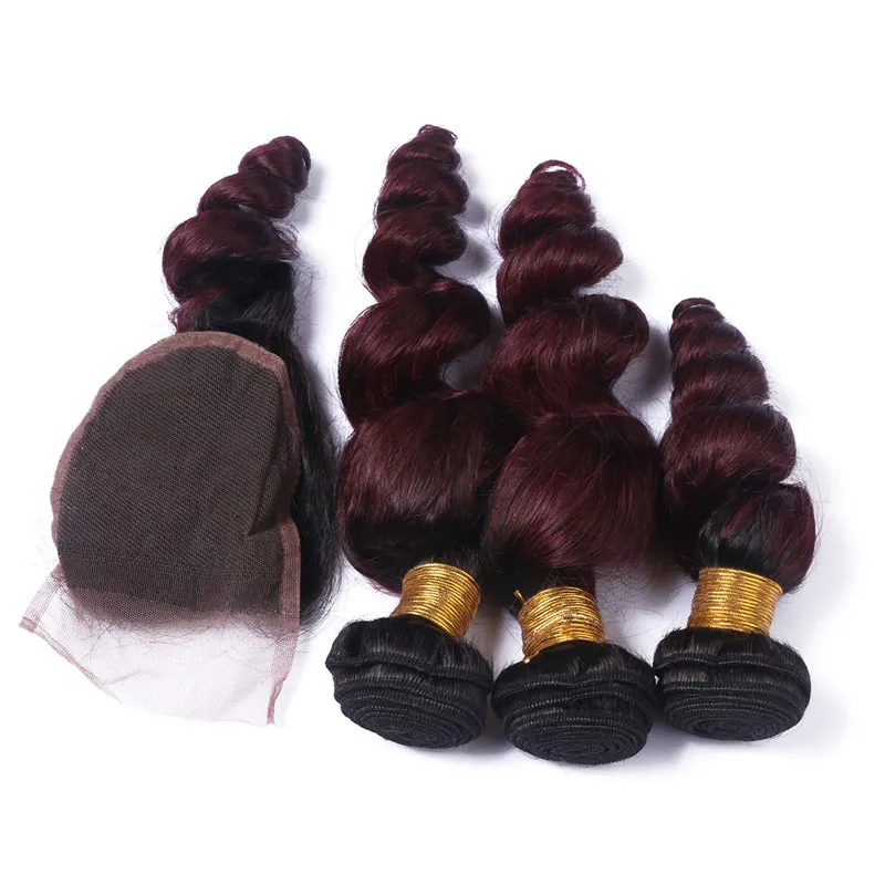 # 1B / 99J Vinho Tinto Tom dois Raízes Ombre peruana Virgin cabelo humano tece solto Aceno 3Bundles Com 4x4 Lace escuras Encerramento Burgundy Red