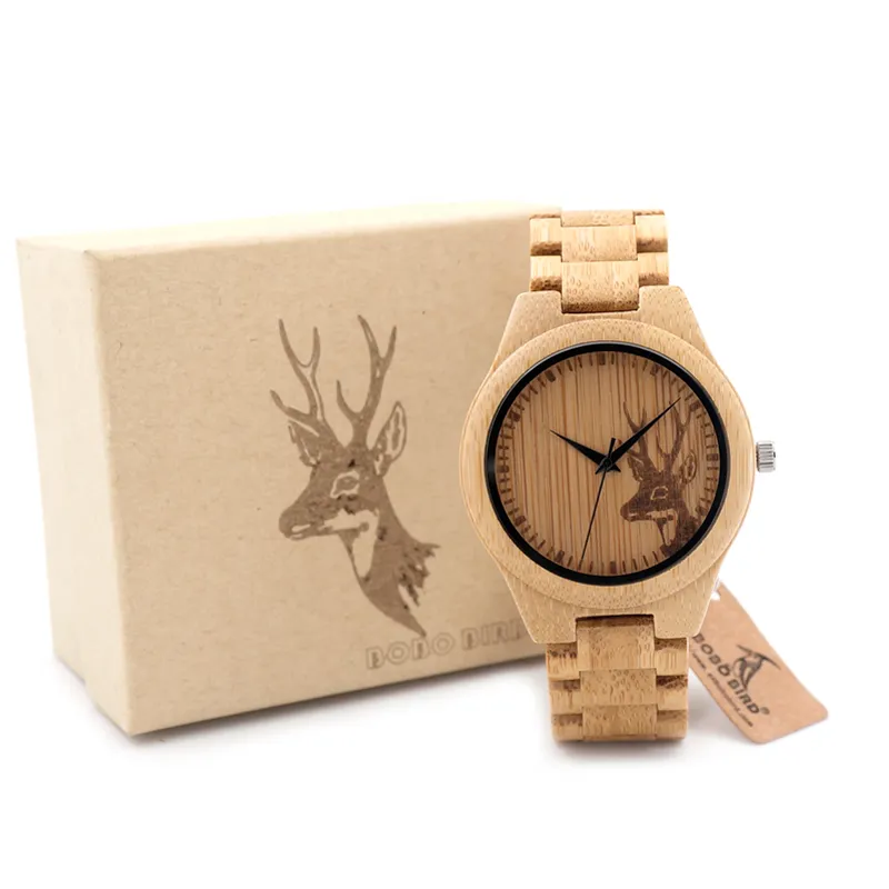 BOBO Bird Classic Bamboo Träklocka älg Deer Head Casual armbandsur Bambu Band Quartz Watches For Men Women173p