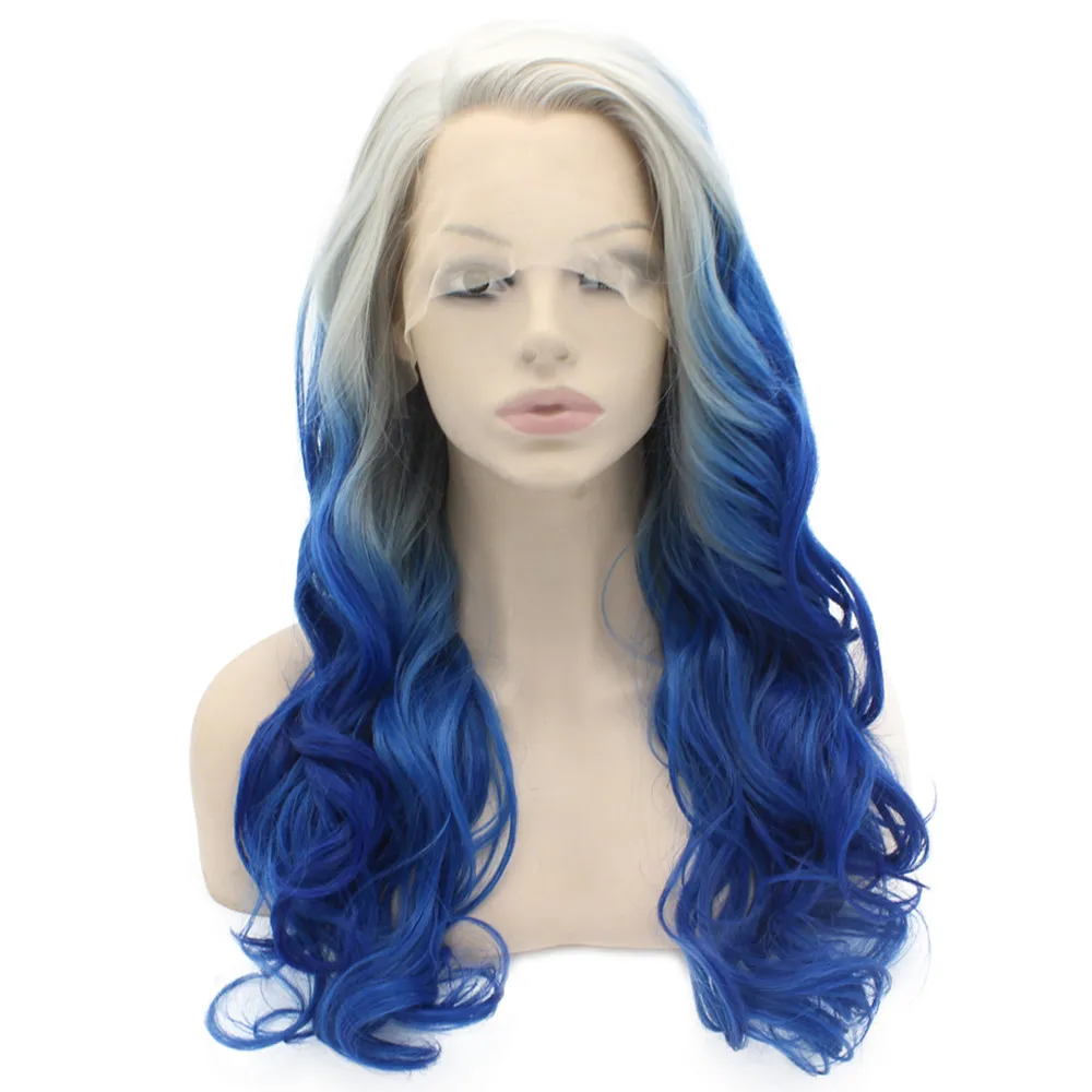 Długi Falisty Szary Blue Ombre Lace Front Cosplay Party Peruka