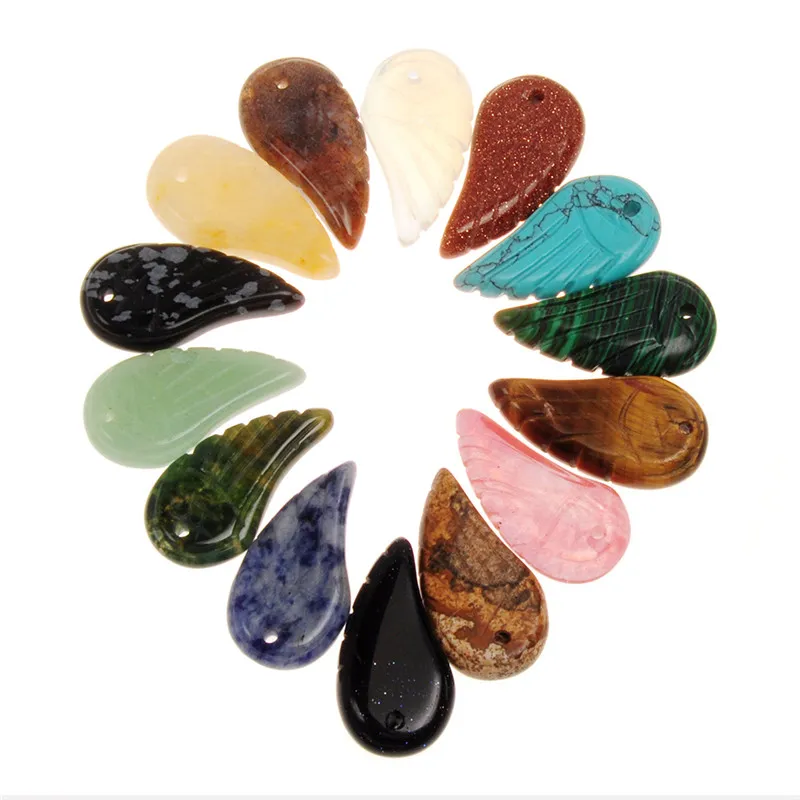 New Trendy Semi-precious Random Natural Healing Point Chakra Reiki Quartz Stone Carved Feather Angel Wing Figurine Top Drilled Craft Pendant