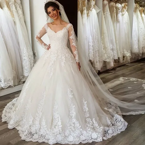 Vestido De Novia Lace Ball Gown Wedding Dress V Neck Illusion Long Sleeves Appliqued Puffy Ball Gown A Line Bridal Gowns