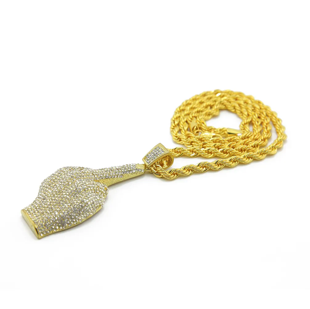 Iced Out Oro Argento Hip Hop Bling Eretto Dito Medio Ciondolo Collana Uomo Regalo