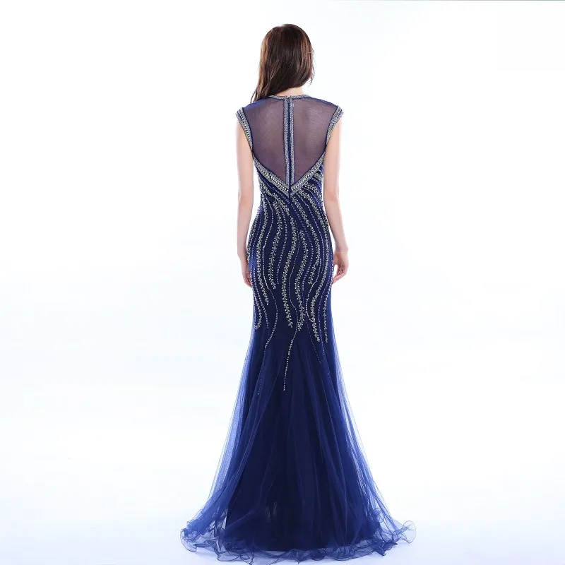 Navy Blue Cekiny Beading Prom Dresses 2017 Sheer Powrót Tulle Syrenki Suknie Wieczorowe Ruffles Długość podłogi Prawdziwe zdjęcia Formalna sukienka imprezowa