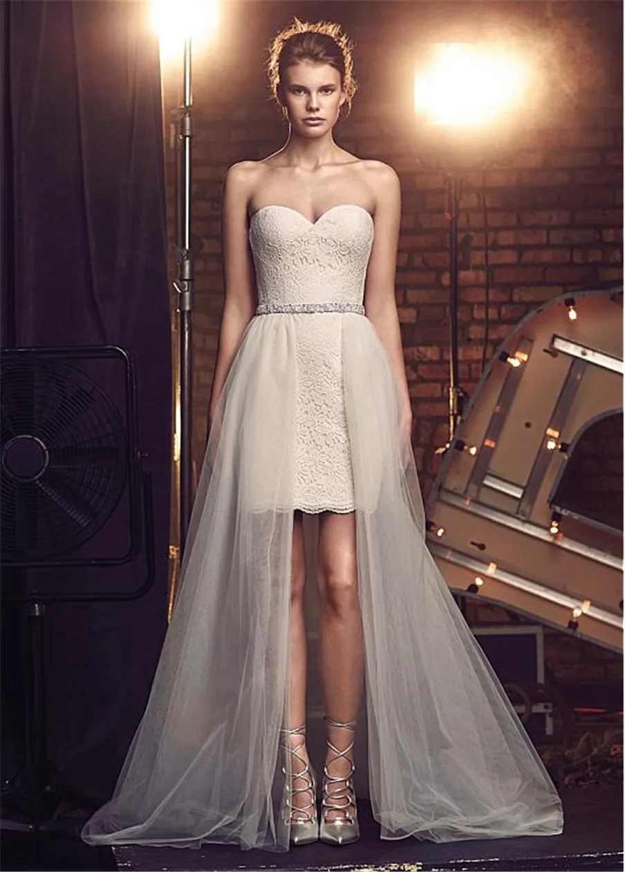 Chic Tulle Sweetheart Neckline 2 In 1 Wedding Dresses Beadings Rhinestones Sash Lace and High Low Bridal Gowns