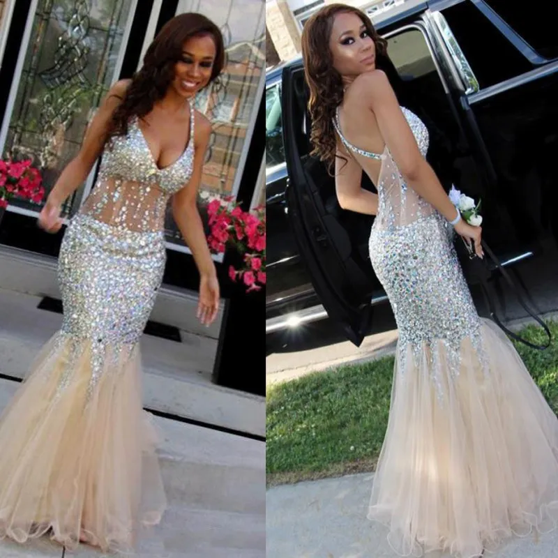 Sexy Deep V Neck See Through Pageant Gowns Shinning Beaded Champagne Tulle Prom Dresses Back Cross Straps Mermaid Evening Party Dress