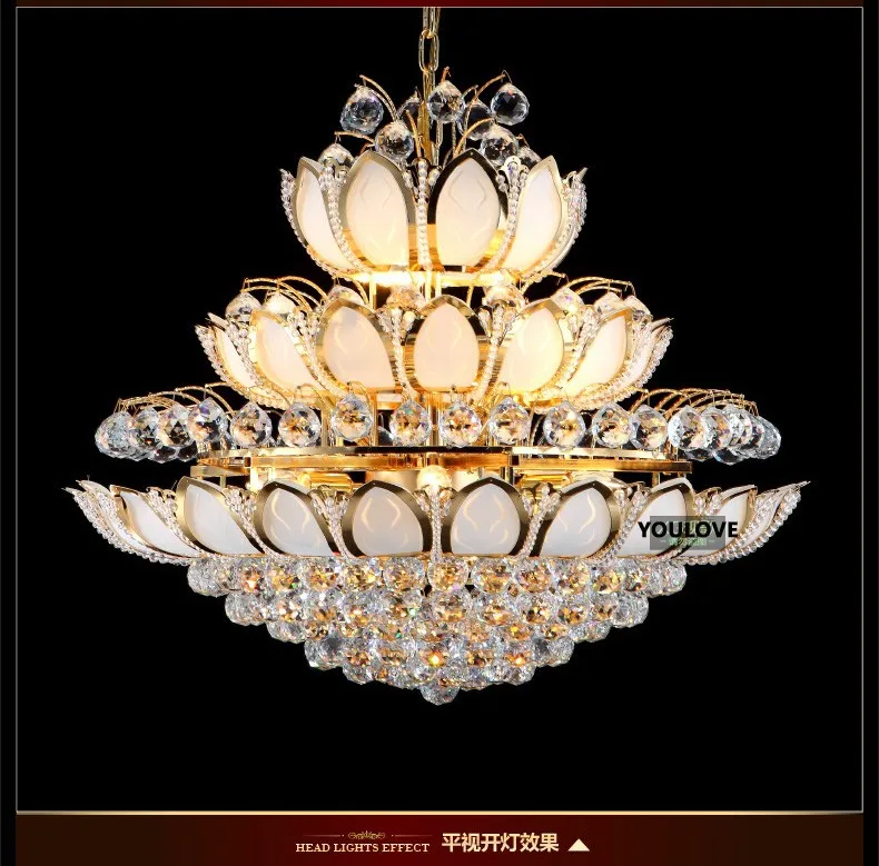 Modern Gold Crystal Chandeliers Lights Fixture European American Lotus Flower Chandelier Golden Crystal Droplight Home Indoor Hotel Lighting