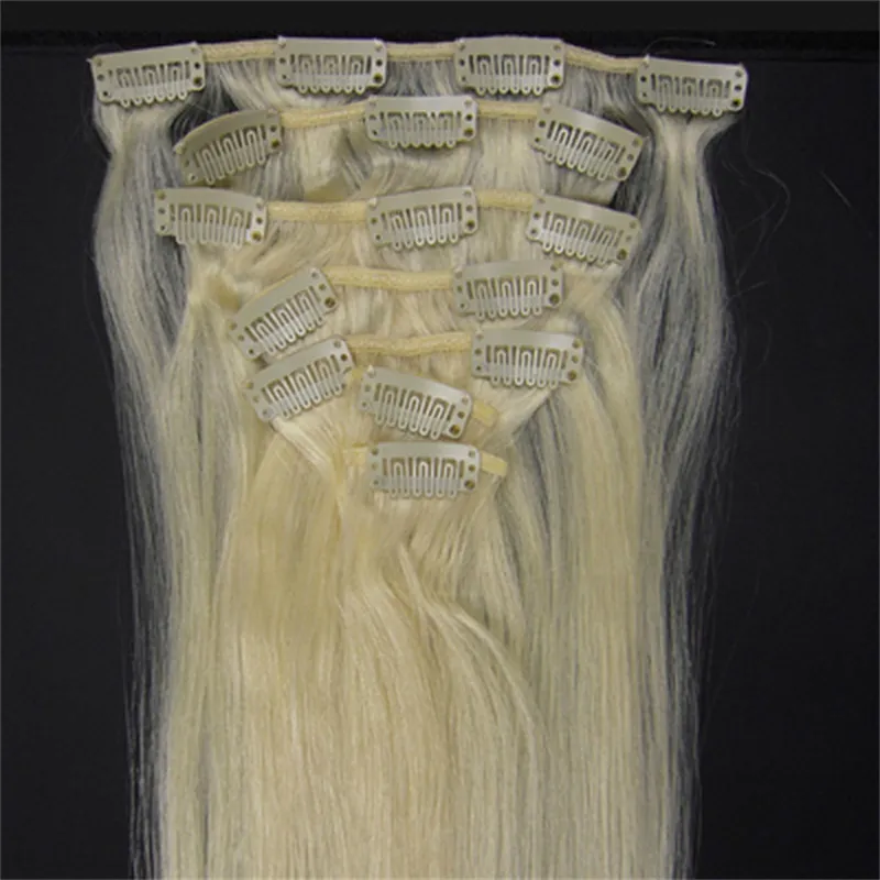 1622 Zoll blonde gerade Haarclips doppelte Schuss menschliches Haarclip in Erweiterungen Remi Full Nuticle Hair2361257