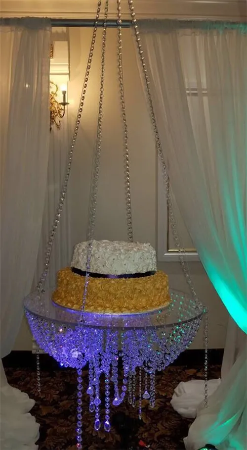 Round D60 Crystal chandelier cake stand hanging with crystal beaded cake table for wedding decoration