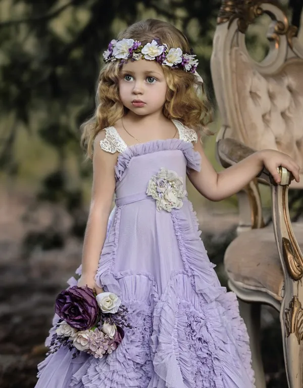 Lila spets applique blomma tjejer klänningar sequare neck communion klänning golv längd en linje prinsessa klänningar med sash