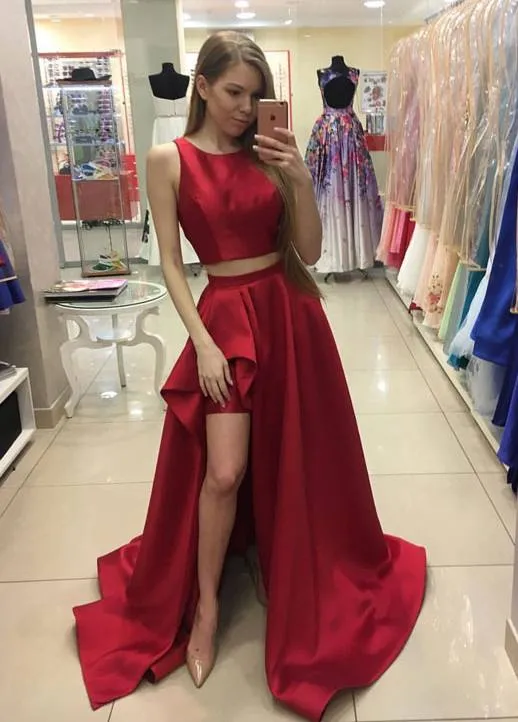 Two Pieces Split Side Homecoming Dresses For Juniors Bateau Neck A-Line Short Prom Gowns Satin Cheap Plus Size Cocktail Dress