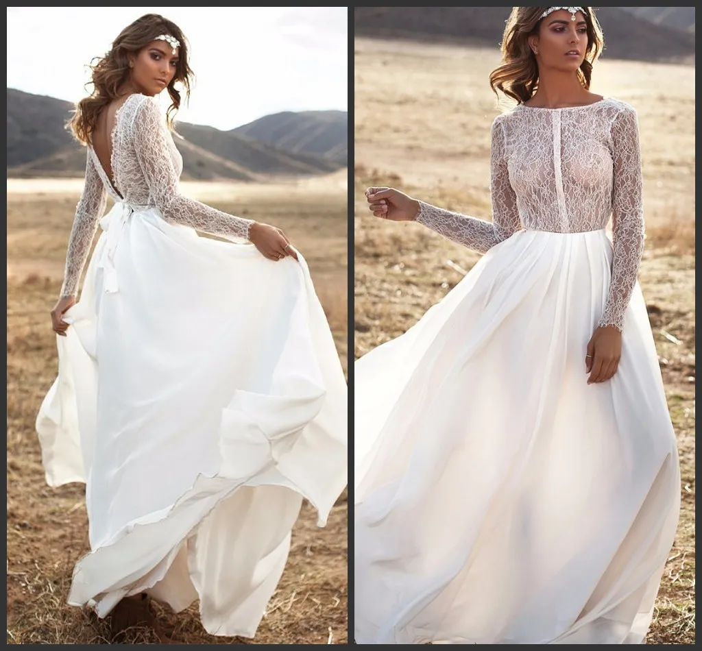 Custom Plus size Chiffon Gown For Wedding Lace Backless Sexy Bateua Neck Long Sleeve Floor Length Summer Sheath HOT Wedding Bridal Dresses