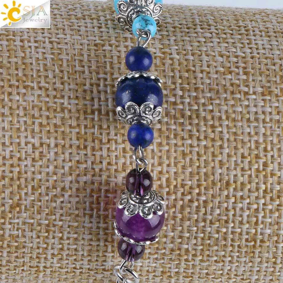 CSJA Naturale 7 Chakra Bracciali con perline da donna 2 dimensioni Perline di pietre preziose Ciondoli a forma di fiore arcobaleno Chiusura a moschettone Estendere la catena Meditazione Jew269M