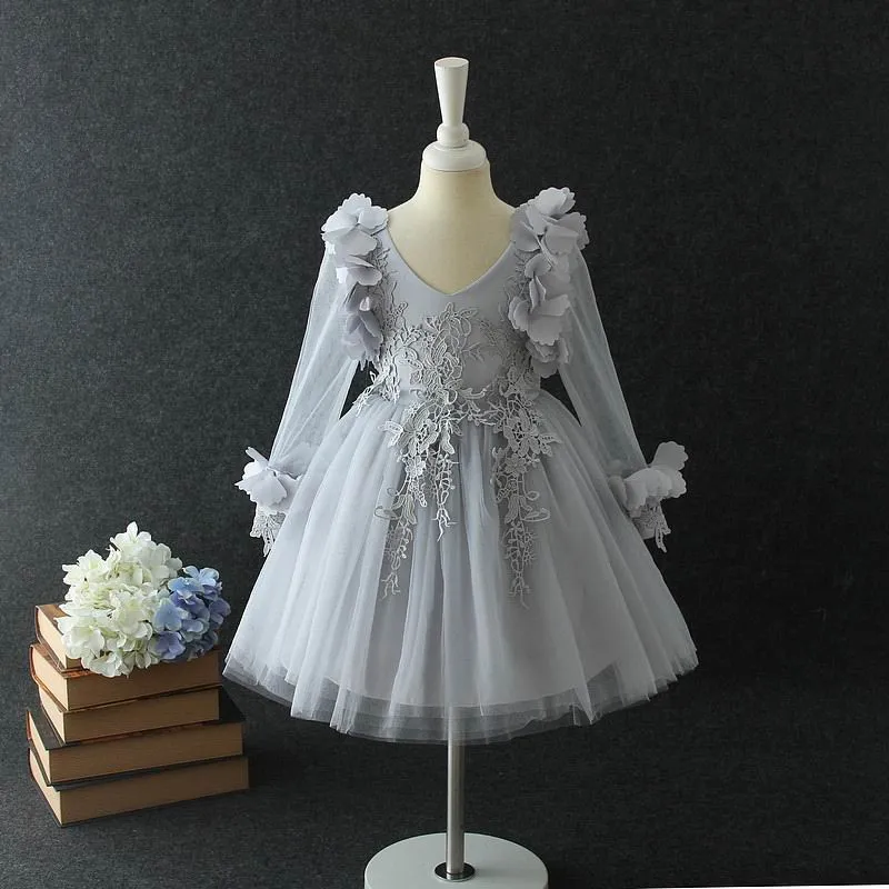 Robes en dentelle pour filles enfants broderie florale à manches longues princesse vêtements de fête enfants stéréo pétale tulle tutu robe robe de bal A007426871