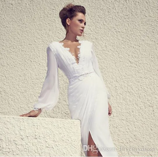 Weißes Brautkleid mit langen Ärmeln, eleganter Spitze, geteilt, schlichtes Design, günstiges Bridla-Kleid, Strandkleider, schöne, hochwertige formelle Kleidung
