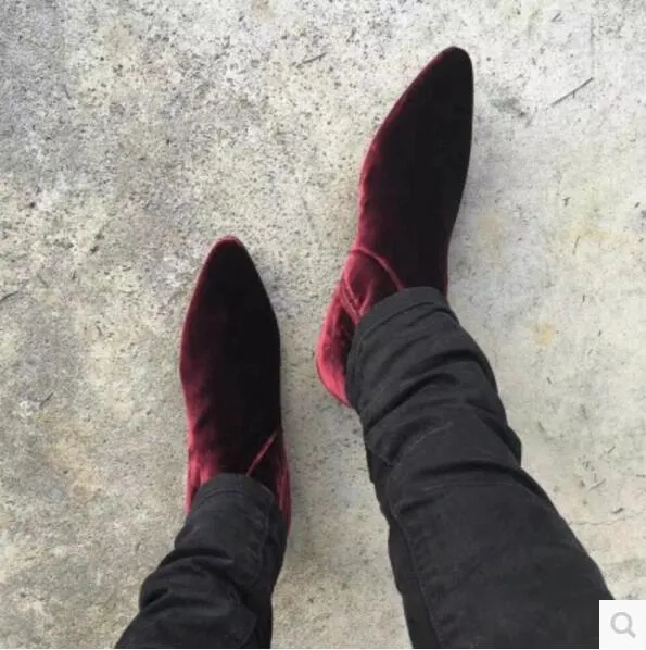 2017 nouveaux hommes bottes en velours de haute qualité vin rouge chaussons mâle bout pointu talon bas mujer botas chaussures de fête bota mâle