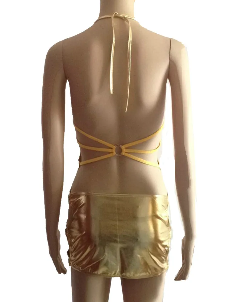 Shiny Gold Backless Clubwear Strand Bikini Mini Kleid Frauen Bandage Sexy Halter Bademode Aushöhlen Nachthemd