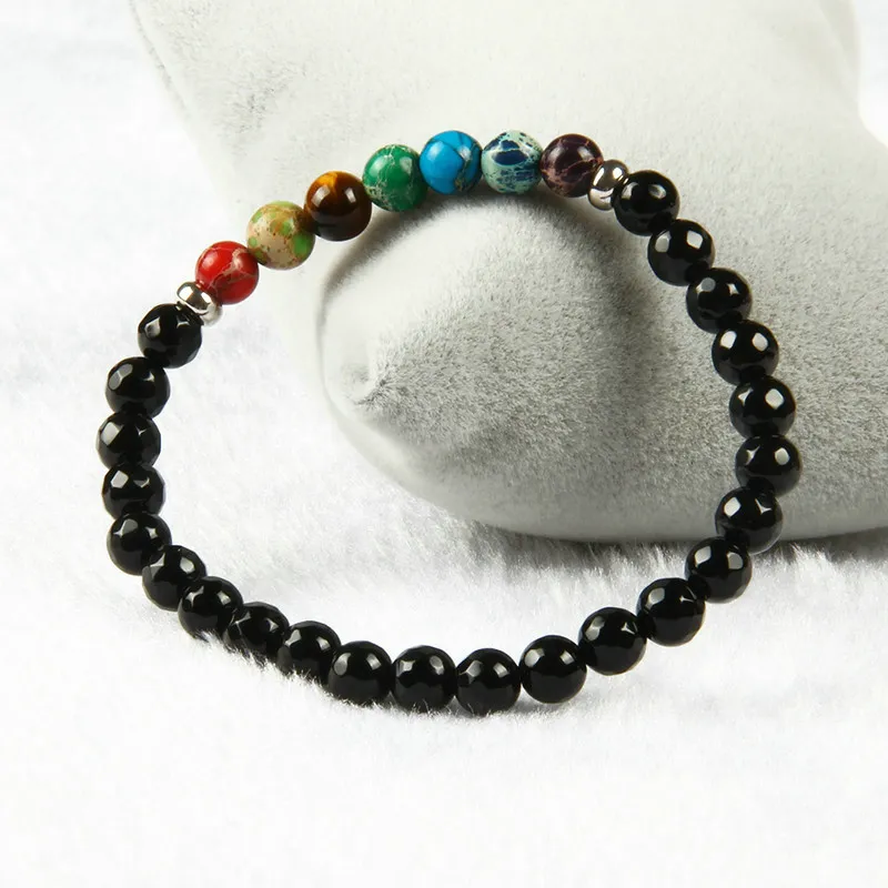 Nieuw ontwerp 7 chakra genezing steen yoga meditatie armband 6mm facet zwarte onyx steen met keizerlijke zee sediment armbanden voor gift