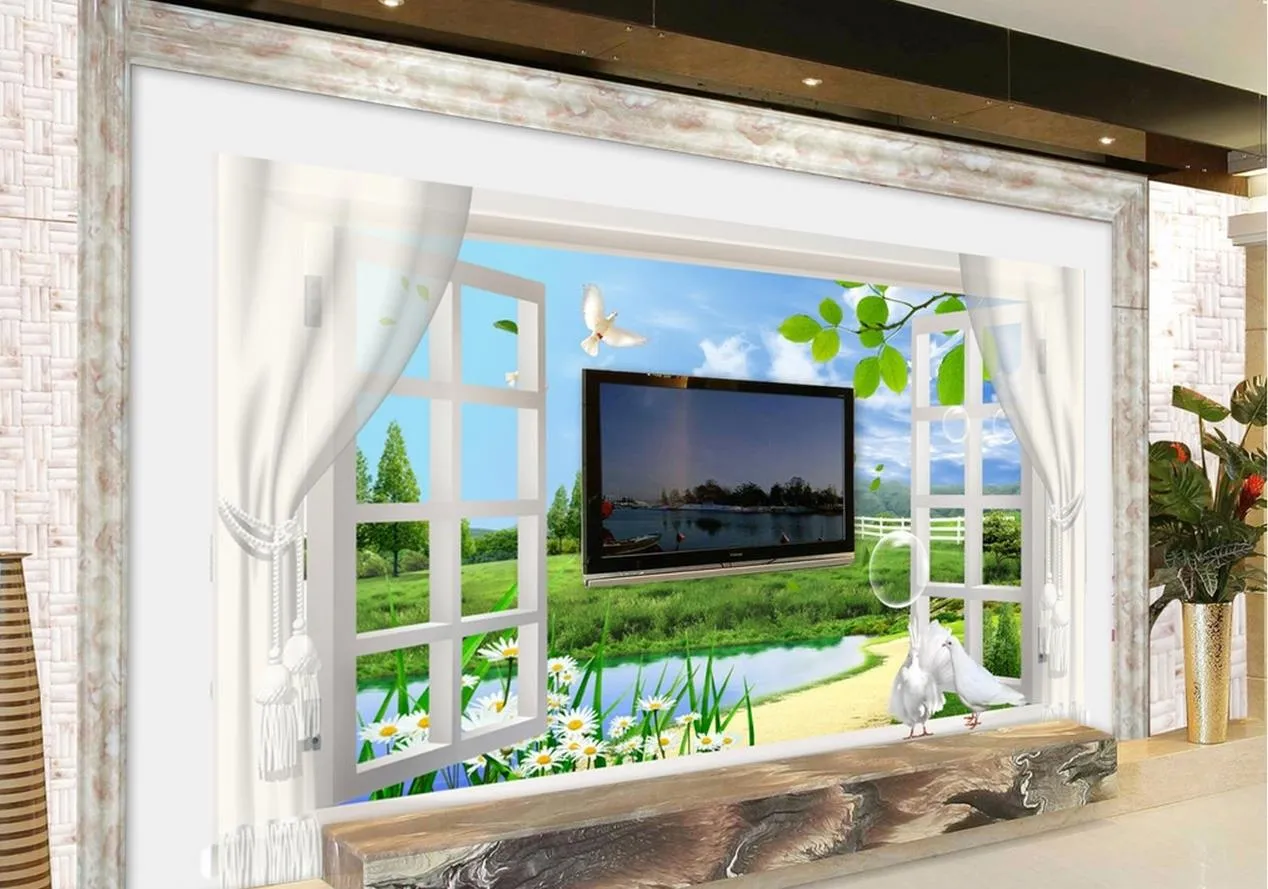 Mode 3D Home Decor Belle Ville Printemps 3D Fenêtre Rideau Papillon Chrysanthème 3d peintures murales papier peint pour salon