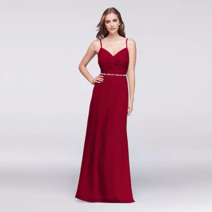 2021 Nowość! Twist Bodice Szyfonowa Druhna Dress Z Zroszony Pas W11147 Wedding Party Gow Evening Formalne Suknie