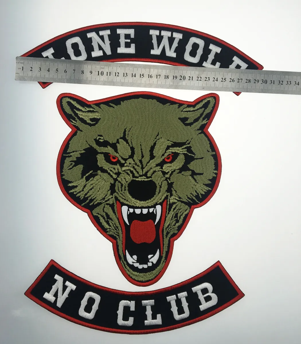 Fashion LONE WOLF LONE WOLF NO CLUB MC Motorcycle Biker Embroidered Patch Iron On Jacket Vest Rider Badge Large Size Patch Sh262o