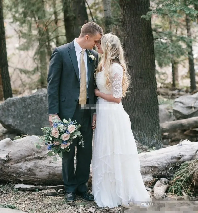 Vestidos de novia modestos del país occidental Vestidos de novia bohemios largos con cuello en V y media manga de encaje Tallas grandes Robe de mari￩e