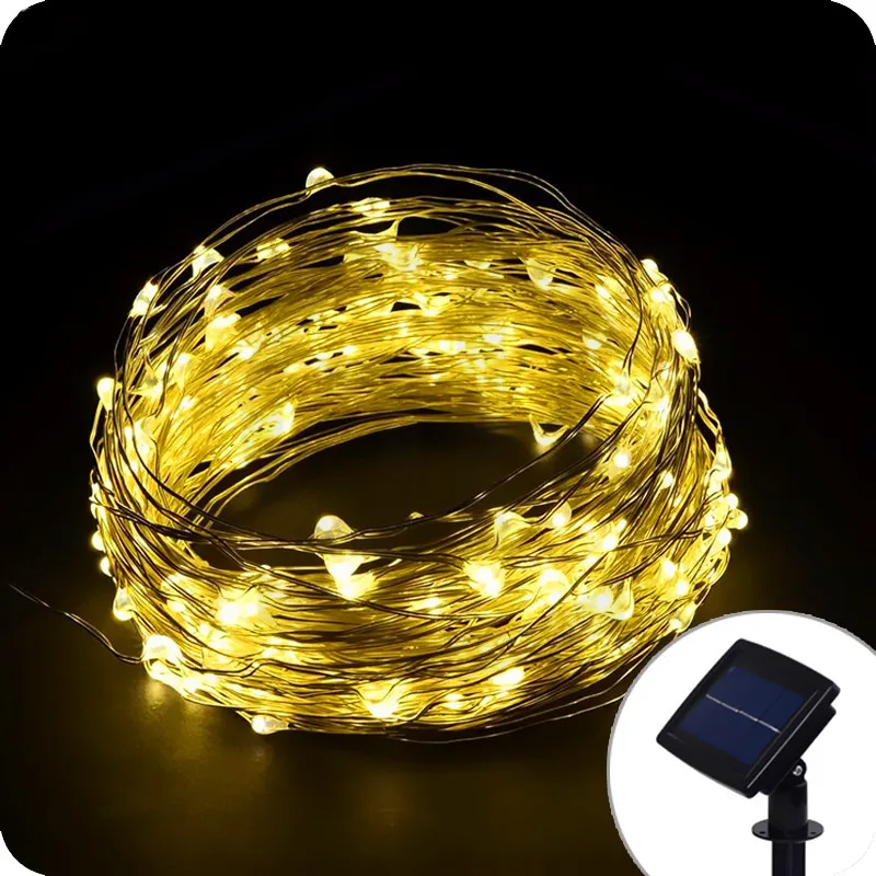 Luci a stringa di ghirlande a LED solari 10M 33ft 100leds Filo di rame Luce Bianco Giallo Lampada da fata impermeabile esterni Illuminazione decorazioni natalizie