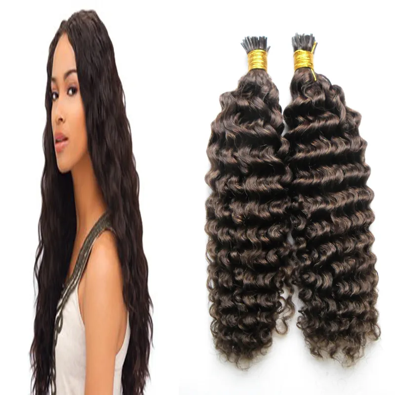 #4 Dark Brown I Tip Hair Extensions Deep Curly brazilian virgin hair fusion 100g/strands keratin human hair extension