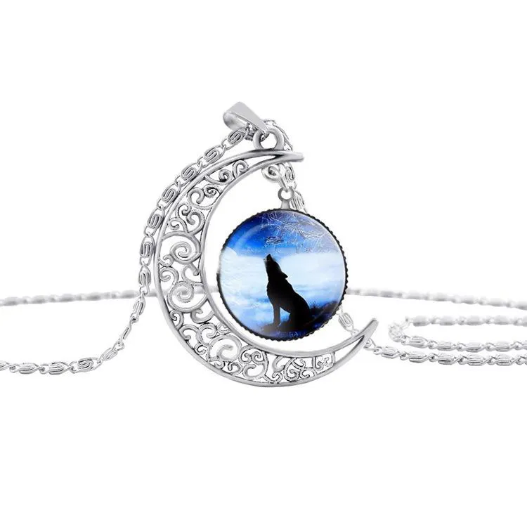 Silver The Wolf Totem Time Gem Cabochon Necklace Moon Sun Family Tree Glass Pendant Nice Jewelry Accessary Gift Girl