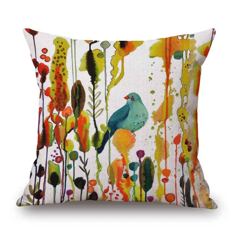 watercolor birds cushion cover country oil painting couch lounge throw pillow case decorative colorful almofada linen cojines7693763