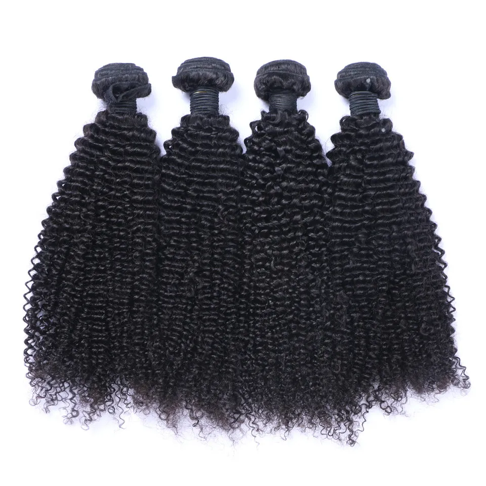 Brazilian Kinky Curly Human Hair Weaves 3 Bundles With 4x4 Lace Closures Natural Black Color Pre-Plucked