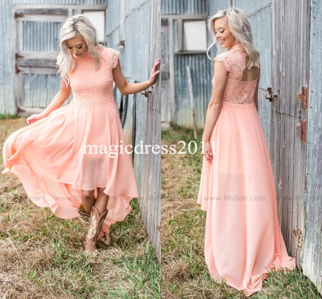 New Peach Lace Bridesmaid Dresses for Country Wedding A-Line High Neck Hi-Lo Chiffon Bohemian Beach Wedding Party Evening Dresses