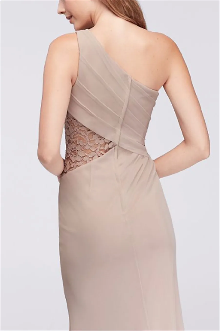 NEW! One-Shoulder Chiffon Side Slit Bridesmaid Dress with Lace Inset F19419 Wedding Evening Formal Gowns