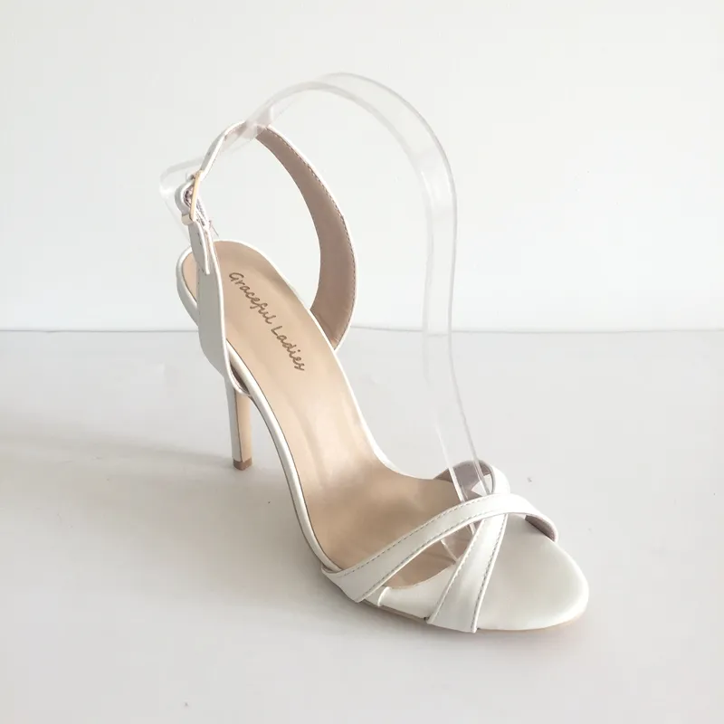 Sandali da donna con cinturino incrociato bianco Slingbacks Tacchi a spillo Tacchi alti Open toe Scarpe da sposa Scarpe estive Donna Sandalo da sposa Servizio personalizzato