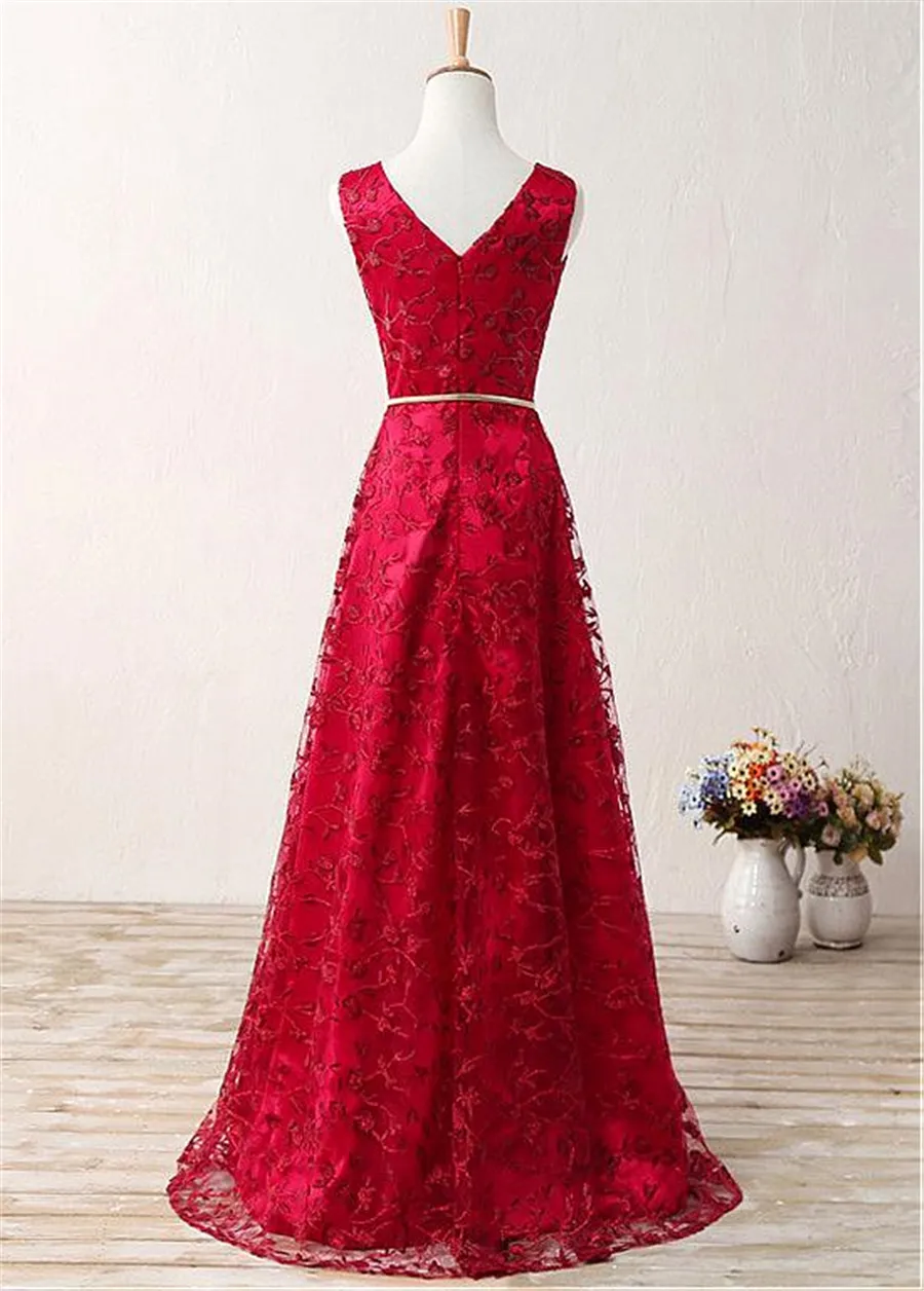 Fabulous Lace V-neck Neckline A-Line Prom Dresses with Gold Belt Customized Made Red Evening Gowns vestidos de fiesta cortos