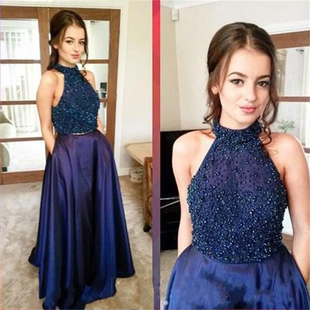 Navy blue halter neck prom dress hotsell
