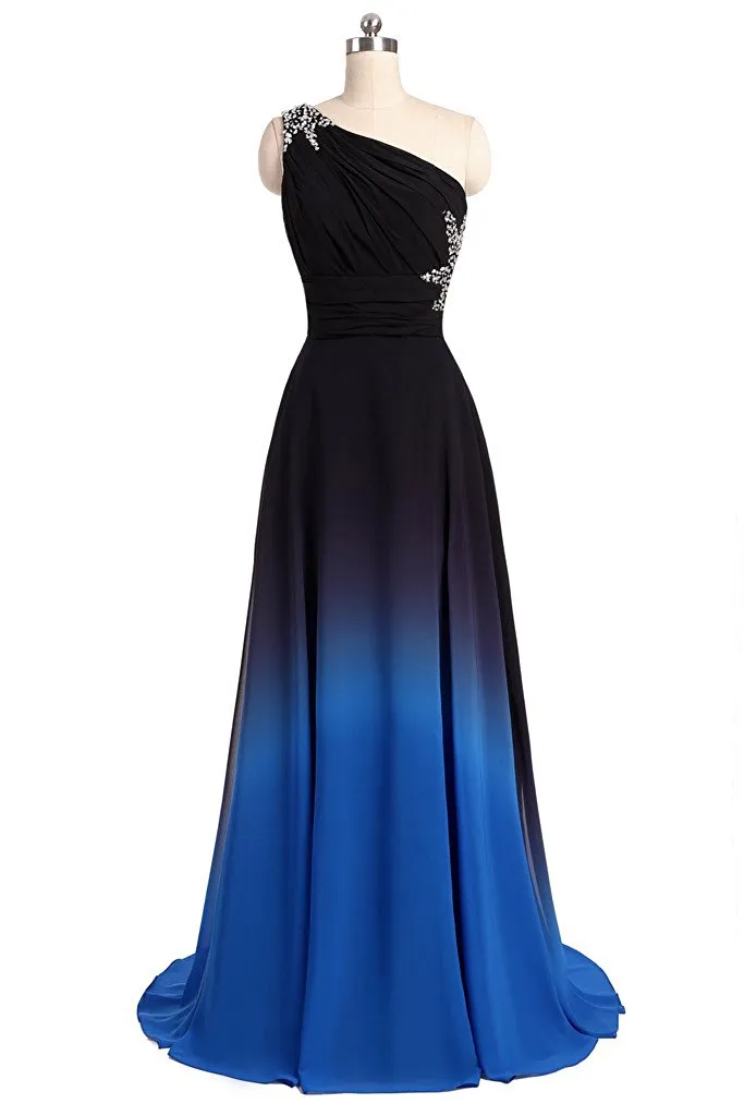 2017 Nieuwe Elegante A-lijn Sexy One Shoulder Ombre Lange Prom Jurken Chiffon Formele Avond Feestjurken WD1014