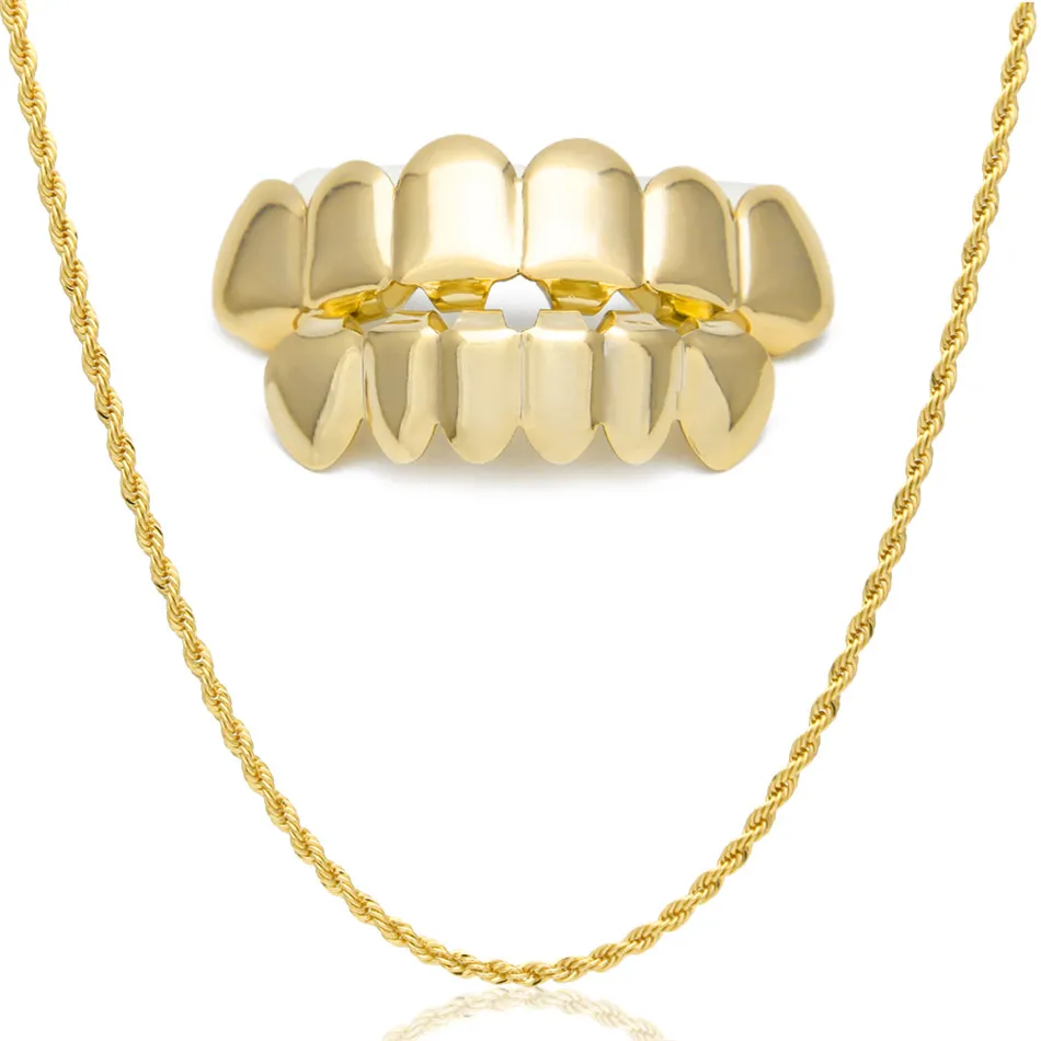 Hip Hop Custom Fit Gold Color Teeth Four Hollow Open Face Gold Teeth GRILLZ Caps Top & Bottom Grill set with Rope Chain