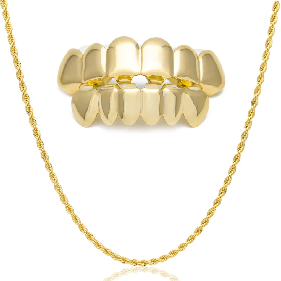 Hip Hop Custom Fit Gold Color Zęby Cztery Hollow Otwarta twarz Złote Zęby Grillz Caps Top Dotal Grill Set z łańcuchem linowym